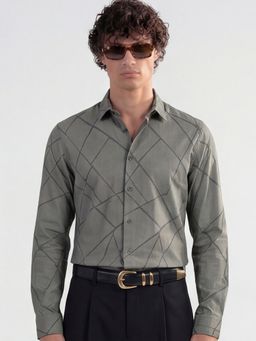 HIGHLANDER - Green Self Design Slim Fit Casual Shirt