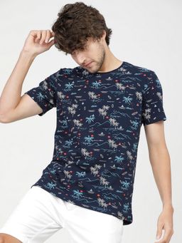 HIGHLANDER - Navy Blue Printed Slim Fit T-Shirt