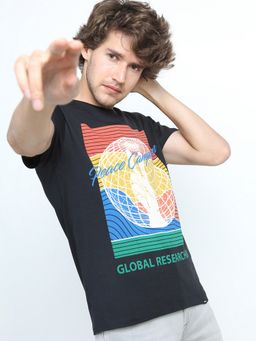 HIGHLANDER - Black Printed Slim Fit Cotton T-Shirt
