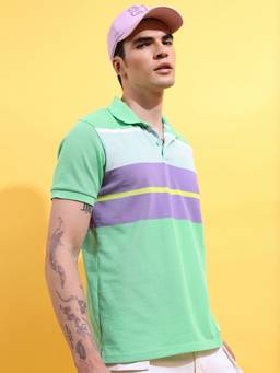 HIGHLANDER - Green Colour blocked Polo Collar Slim Fit T-Shirt