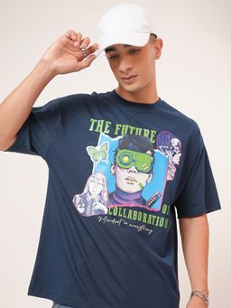 HIGHLANDER - Navy Blue Round Neck Oversized T-Shirt