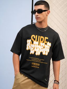 HIGHLANDER - Puff Printed Black Drop shoulder Oversized Round Neck Half Sleeve T Shirt