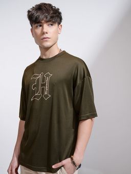 HIGHLANDER - Olive Round Neck Printed Oversized T-Shirt