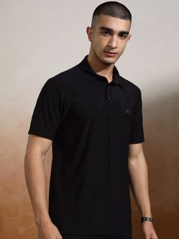 HIGHLANDER - Black Clean Finish Knitted Textured Polo T-Shirt