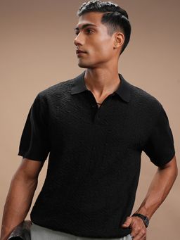 HIGHLANDER - Black Self Design Knitted Polo Collar T-Shirt