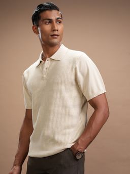 HIGHLANDER - Beige Self Design Knitted Polo Collar T-Shirt