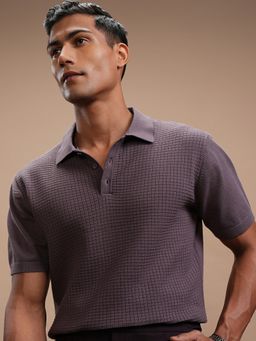 HIGHLANDER - Lavender Self Design Knitted Polo Collar T-Shirt