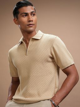 HIGHLANDER - Beige Self Design Knitted Polo Collar T-Shirt