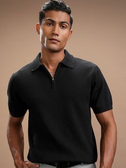 HIGHLANDER - Black Self Design Polo Collar T-Shirt