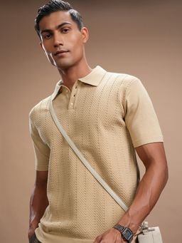 HIGHLANDER - Beige Self Design Knitted Polo Collar T-Shirt