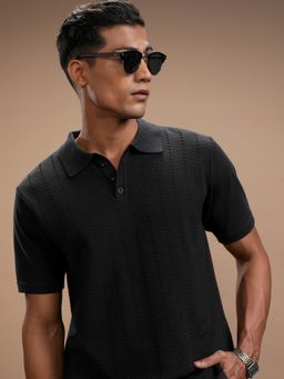 HIGHLANDER - Black Self Design Knitted Polo Collar T-Shirt