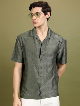 HIGHLANDER - Olive Textured Relaxed Fit Casual Shirt
