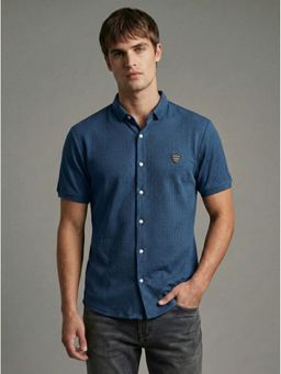 SANDPIPER - Blue Polo Neck Half Sleeve Cotton Shirt