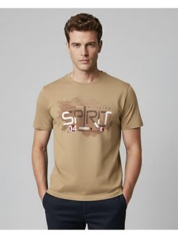SANDPIPER - Cream Round Neck Half Sleeve Cotton Lycra T-Shirt