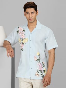 Albino - Blue Linen Casual Half Sleeves Shirt