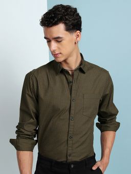 HIGHLANDER - Olive Checks Slim Fit Casual Shirt