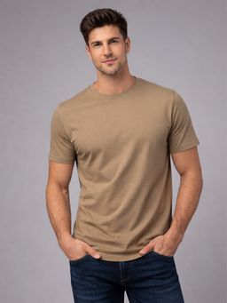 Glito - Khaki Casual Cotton Round Neck T-Shirt