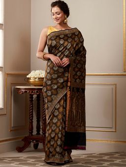 WeaverStory - Handloom Black And Beige Jamawar Tanachi Saree With Unstitched Blouse