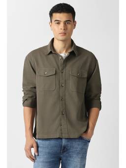 Van Heusen - Men Olive Textured Full Sleeves Casual Shirt