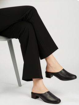 Dollphin - Women Black Leather Block Heel Mules