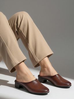 Dollphin - Women Brown Leather Block Heel Mules