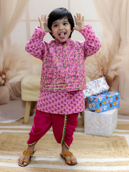 BownBee - Pure Cotton Printed Jacket with Dhoti Kurta for Boys Pink (Set of 3)