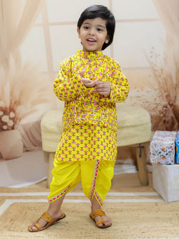 BownBee - Pure Cotton Printed Jacket with Dhoti Kurta for Boys Yellow (Set of 3)