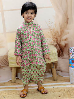 BownBee - Pure Cotton Full Sleeve Printed Kurta Dhoti for Boys Green (Set of 2)