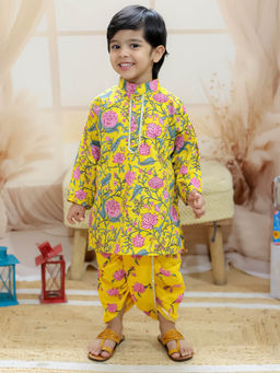BownBee - Pure Cotton Full Sleeve Printed Kurta Dhoti for Boys Yellow (Set of 2)