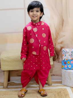 BownBee - Pure Chanderi Attached Jacket Kurta with Dhoti for Boys Pink (Set of 2)