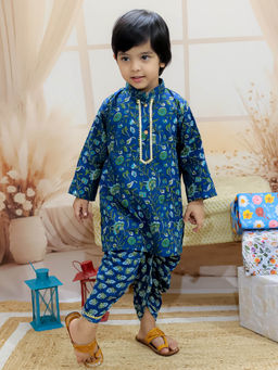 BownBee - Pure Cotton Full Sleeve Printed Kurta Dhoti for Boys Blue (Set of 2)