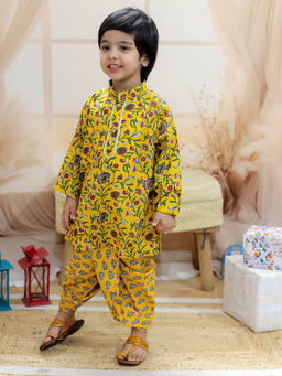 BownBee - Pure Cotton Full Sleeve Printed Kurta Dhoti for Boys Yellow (Set of 2)