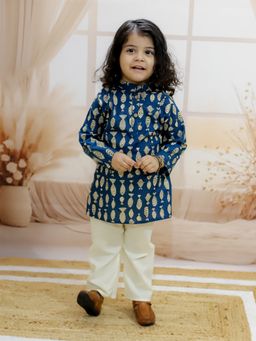 BownBee - Pure Cotton Fish Print Full Sleeve Kurta Pajama for Boys Indigo (Set of 2)