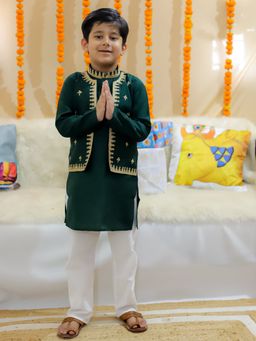 BownBee - Pure Embroidered Attached Jacket Kurta Pajama for Boys Green (Set of 2)