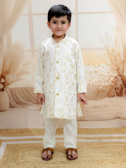 BownBee - Pure Chanderi Full Sleeve Sherwani with Pajama for Boys White (Set of 2)