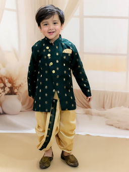 BownBee - Pure Chanderi Full Sleeve Sherwani Dhoti for Boys Green (Set of 2)