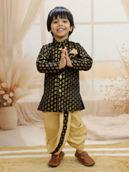 BownBee - Jacquard Full Sleeve Sherwani Dhoti for Boys Black (Set of 2)