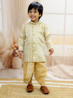 BownBee - Jacquard Full Sleeve Sherwani Dhoti for Boys Off White (Set of 2)