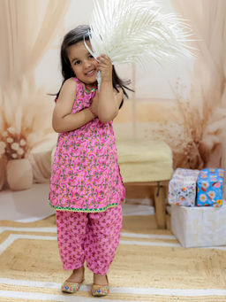 BownBee - Pure Cotton Narrow Shoulder Kurti with Pant for Girls Pink (Set of 2)