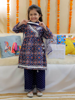 BownBee - Pure Cotton Angrakha Kurti with Pant & Dupatta for Girls Indigo (Set of 3)