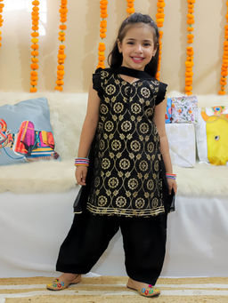 BownBee - Chanderi Kurti with Patiala Salwar and Dupatta for Girls Black (Set of 3)