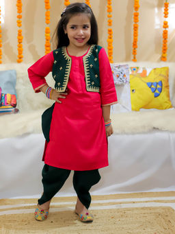 BownBee - Embroidered Attached Jacket Kurti with Dhoti for Girls Pink (Set of 2)