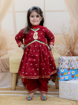 BownBee - Alia Cut Bota Kurta with Pant and Dupatta for Girls Maroon (Set of 3)