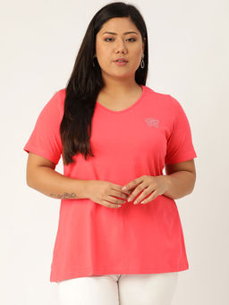 theRebelinme - Plus Size Womens Peach Solid Color V-Neck Cotton T-Shirt