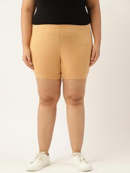 theRebelinme - Plus Size Womens Beige Solid Cotton Yoga Shorts