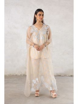 Saksham & Neharicka - Beige Rupa Cape with Top and Pant (Set of 3)