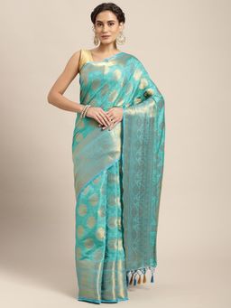 Mimosa - Women's Kanjivaram Art Silk Turquoise Saree with Unstitched Blouse