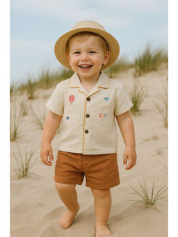 FURR BALLS - Beige Embroidered Shirt & Shorts