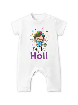Baby Buzz - White My First Holi Baby Half Sleeves Cotton Bodysuit