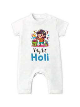 Baby Buzz - White My First Holi Baby Half Sleeves Cotton Bodysuit